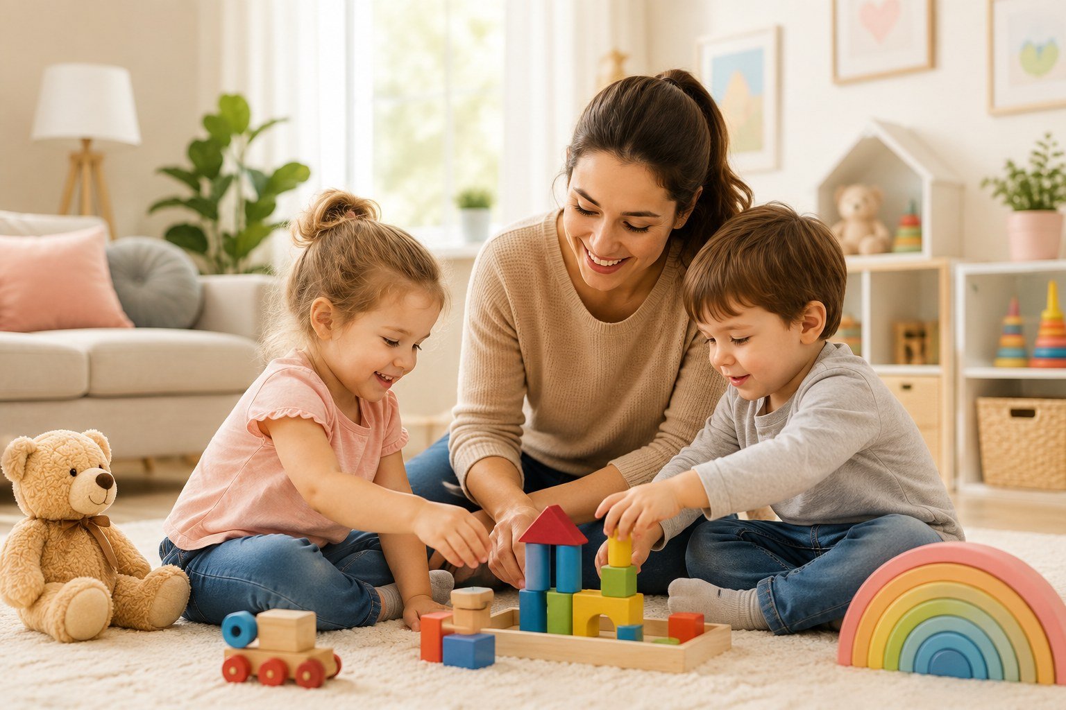 Mother spending time with two children while they play with colorful wooden toys